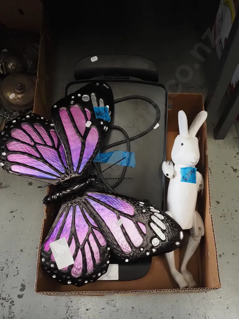 box; large electric griddle, wooden toy rabbit, butterfly wall art Image 1++