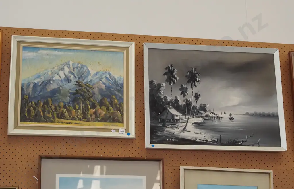 2x framed oils - landscape, fishing village - blue dots Image 1++