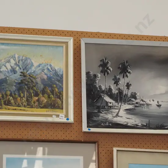 2x framed oils - landscape, fishing village - blue dots