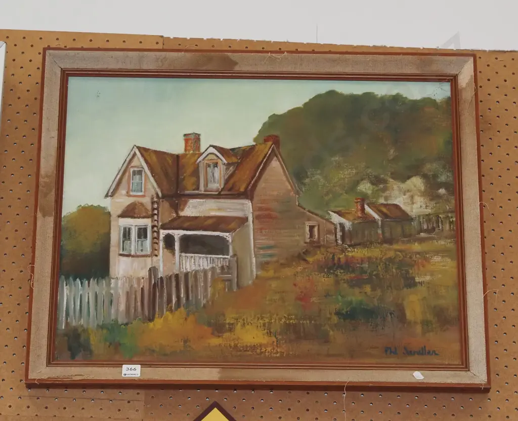 framed oil - wooden villa - framed needs attention Image 1++