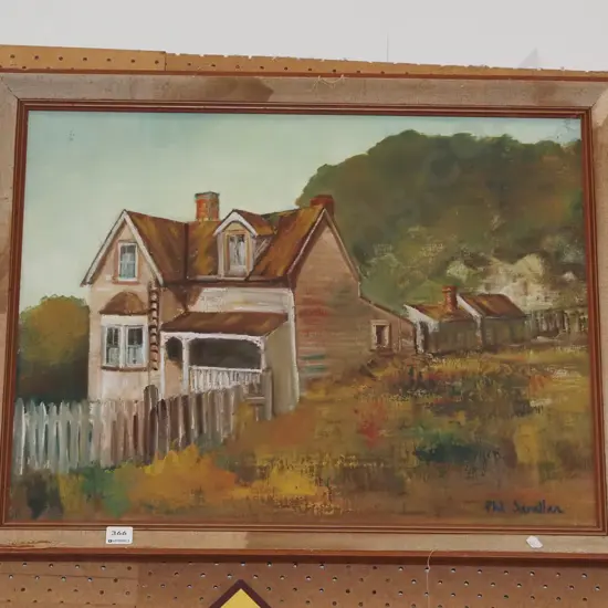 framed oil - wooden villa - framed needs attention