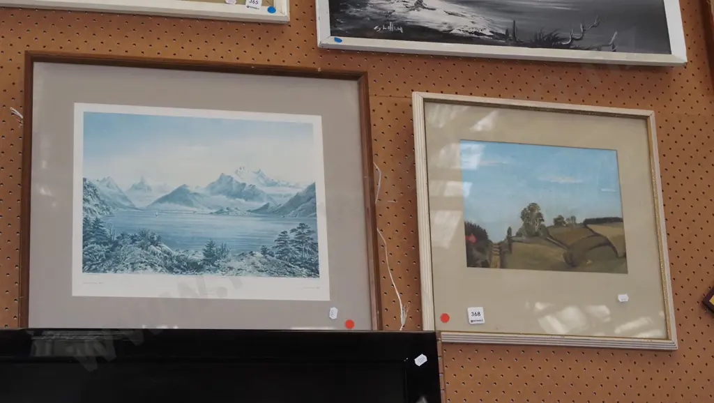 framed faded Wakatipu print, framed acrylic - landscape - red dots Image 1++