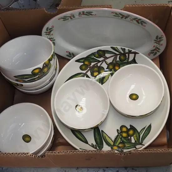 box; olive themed bowl, smaller serving bowls, Xmas ashet