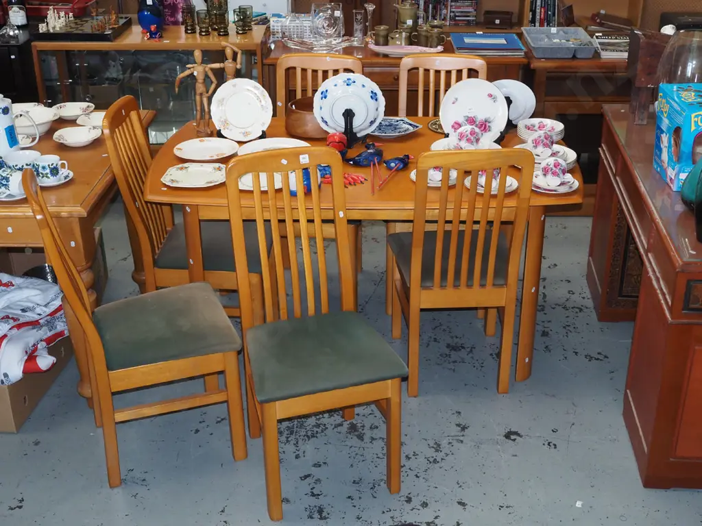 solid wood dining table with 6 matching slat back chairs H740 W1500 D900 Image 1++