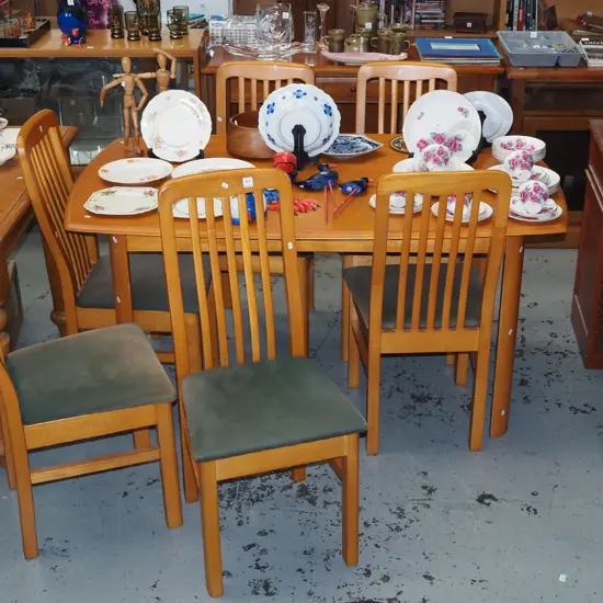 solid wood dining table with 6 matching slat back chairs H740 W1500 D900