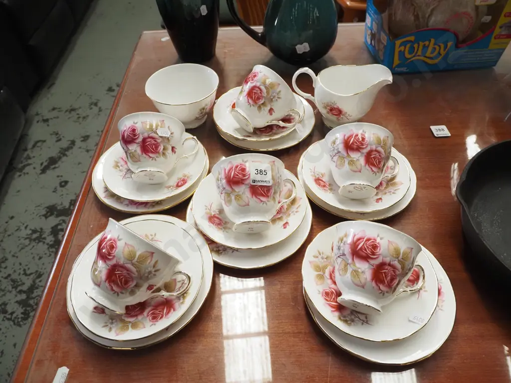 Queen Anne pink rose trios, creamer, sugar Image 1++