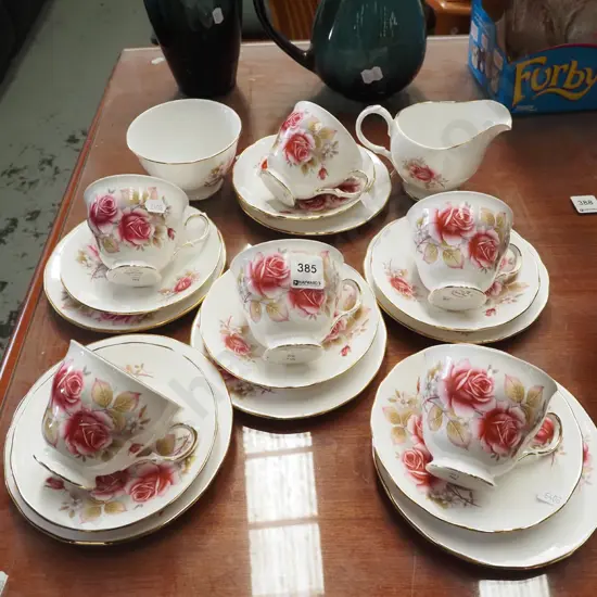 Queen Anne pink rose trios, creamer, sugar