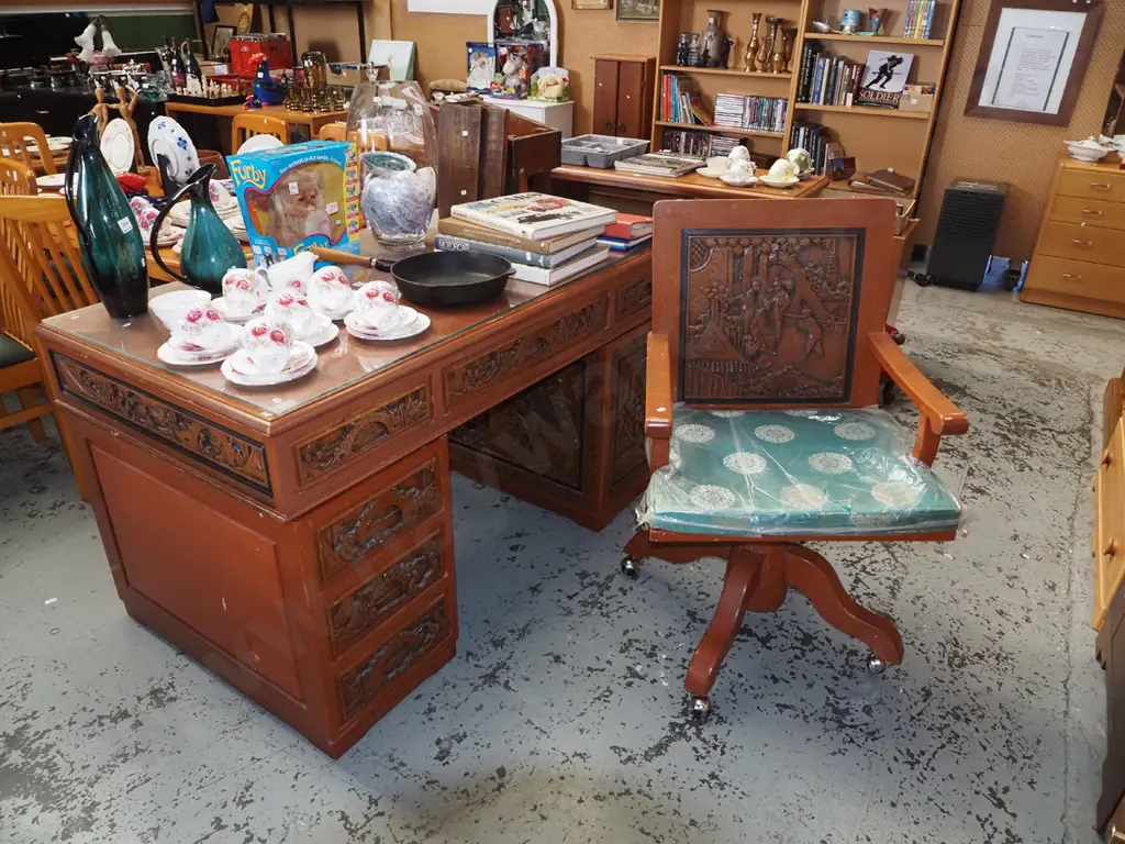 heavily carved hardwood Chinese desk with 6 drawers, 1 door, matching chair - repair to chair Image 1++
