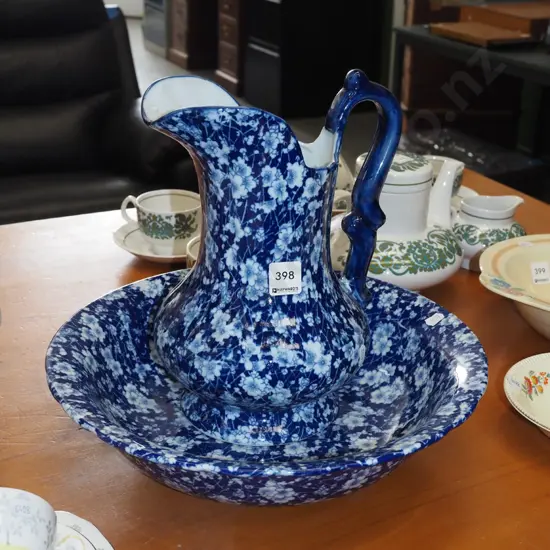 blue and white floral water jug and bowl