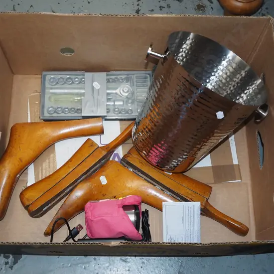 boxed ice bucket, shoe forms, socket set etc