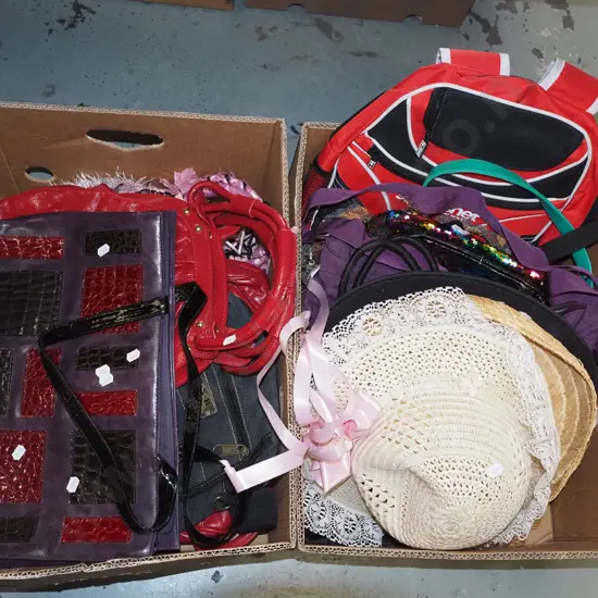 2x boxes of hand bags, bags, hats - yellow dots
