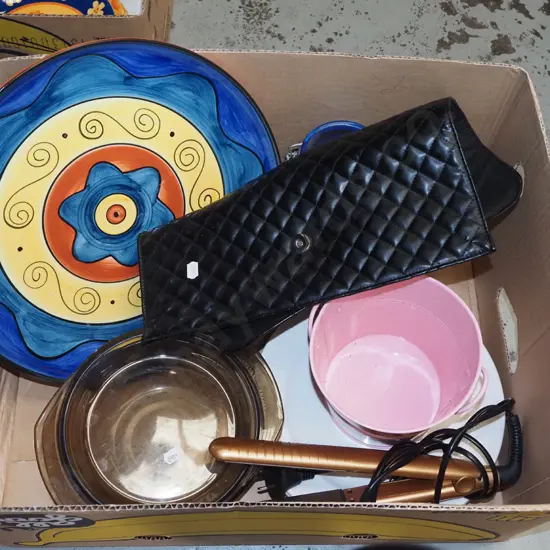 box; pyrex caaserole, ashet, curling tongs etc