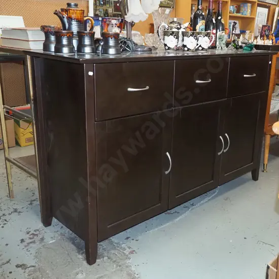 contemporary dark stained 3 door, 3 drawer sideboard H860 W1400 D450