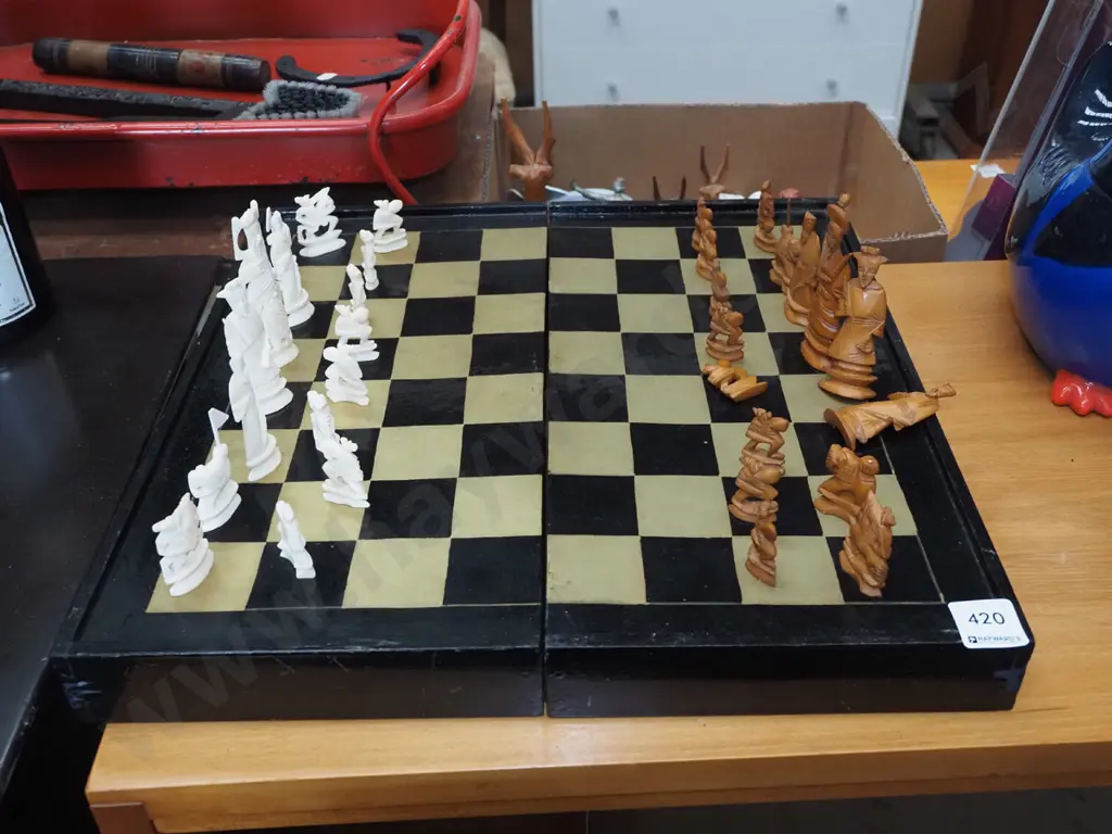 carved wood and chrome chess set Image 1++