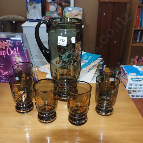 retro smoked glass and gold floral 7 piece water set