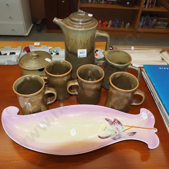 Temuka coffee pot, creamer, sugar, 4 cups, Staffordshire leaf dish