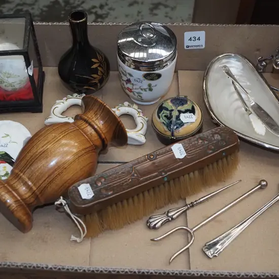 box; egg coddler, turned wooden vase, nouveau clothes brush etc