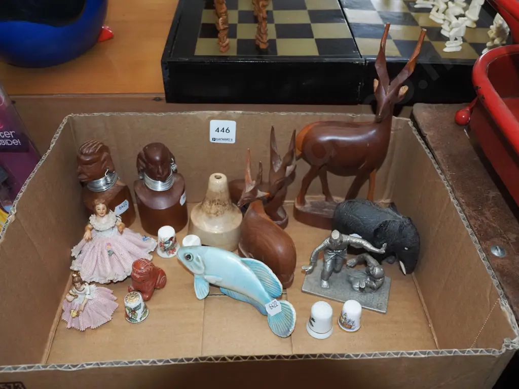box; wooden animals, doll miniatures, thimbles etc Image 1++