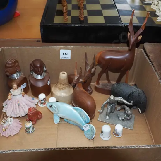 box; wooden animals, doll miniatures, thimbles etc