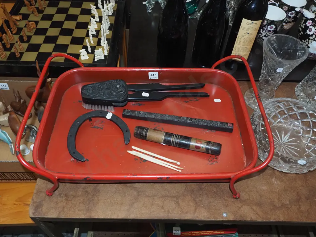 metal red gallery tray; clothes brush, horse shoe etc Image 1++