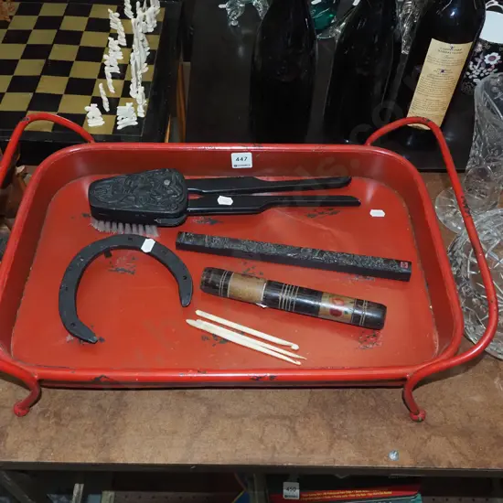 metal red gallery tray; clothes brush, horse shoe etc
