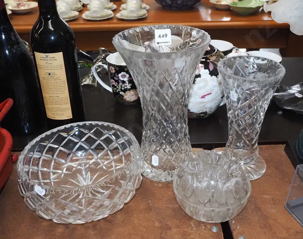 large glass flower frog, crystal bowl, 2x vases H230 Image 1++