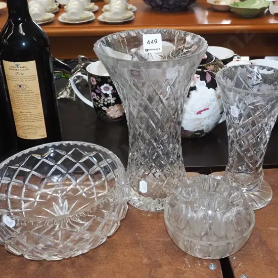large glass flower frog, crystal bowl, 2x vases H230