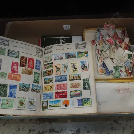box; loose stamps, stamp albums and contents