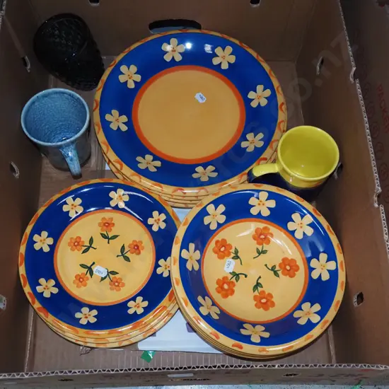 box; floral plates, tumbler, coffee cups etc