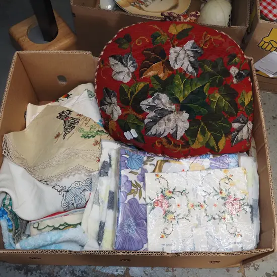 box; tea towels, tea cosy, hand worked linen etc