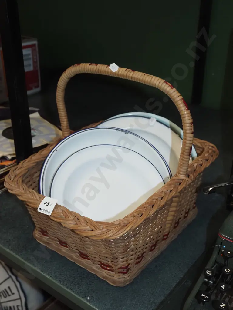 cane basket, enamel plates and bowls Image 1++
