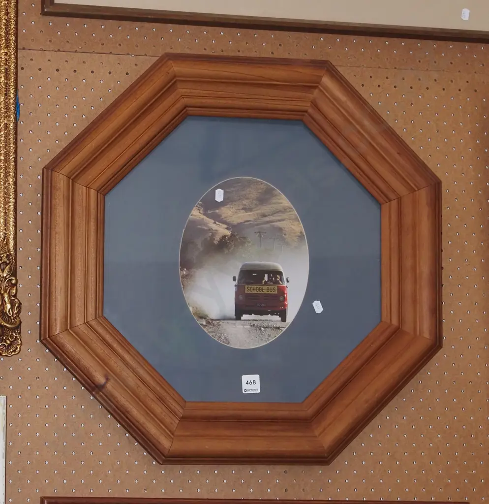 octagonal wood framed photo frame - school bus Image 1++