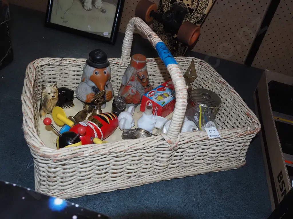 cane basket and contents; cupboard handles, Wombles etc Image 1++