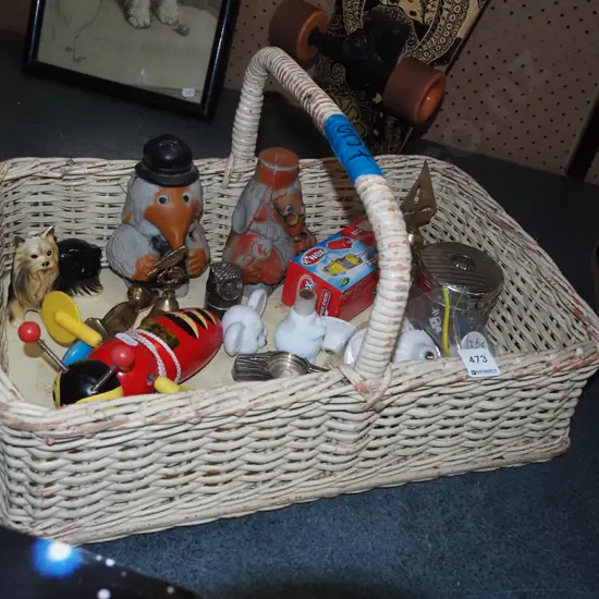 cane basket and contents; cupboard handles, Wombles etc