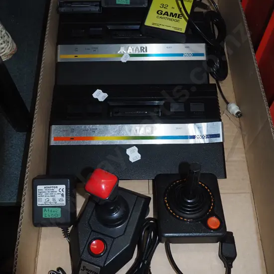 box; 2x Atari games and cartridges,  gaming consoles, joystick