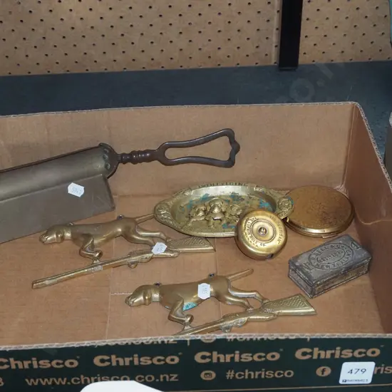 box; brass ware, dog ornaments, ashtray etc