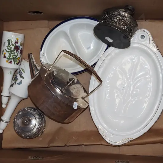 box; plated tea pot, serving dishes etc