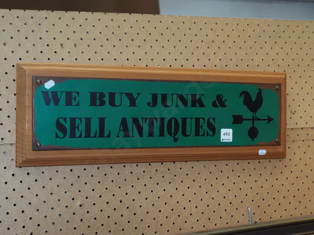 painted tin sign on wood - We Buy Junk And Sell Antiques Image 1++