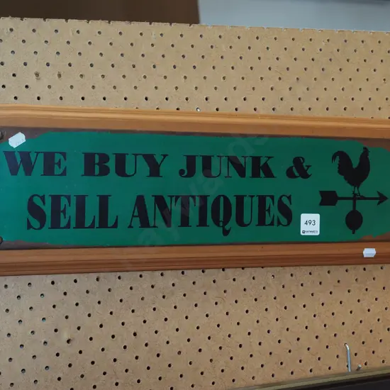 painted tin sign on wood - We Buy Junk And Sell Antiques
