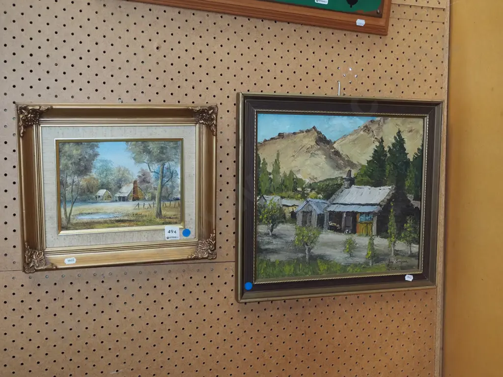 2x framed oils - cottages - blue dots - foxing to mat Image 1++