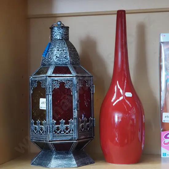Turkish themed metal and glass candle lantern, modern vase H370