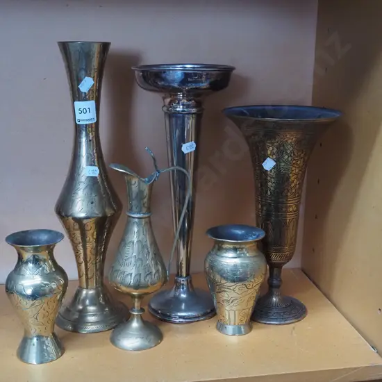 various brass  and plated vases Tallest H330