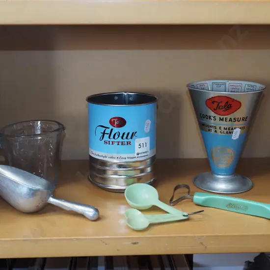 flour sifter, measuring cups etc