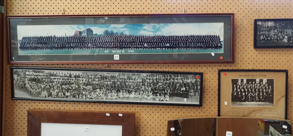 2x panoramic school photos - St Bedes 1996, Knapdale School 1954 - and a framed choir photo - red  dots Image 1++