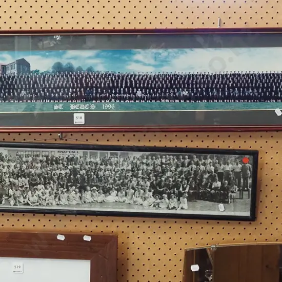 2x panoramic school photos - St Bedes 1996, Knapdale School 1954 - and a framed choir photo - red  dots