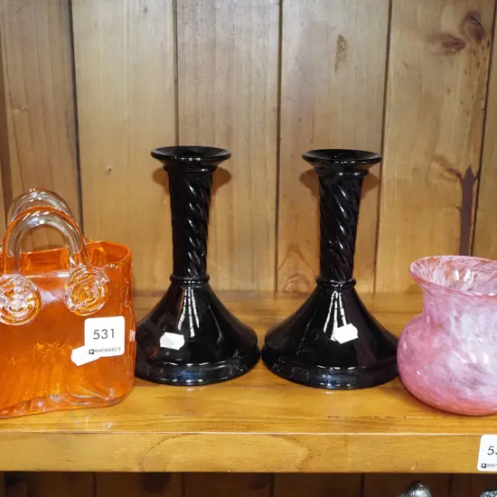 orange glass basket, glass candlesticks H160, vase