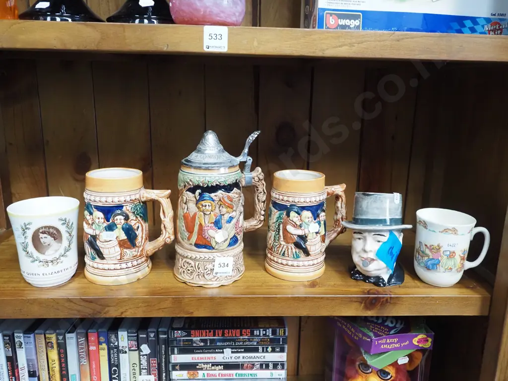 beer steins, QEII cup, bunnykins cup, Winston Churchill toby jug - chip Image 1++