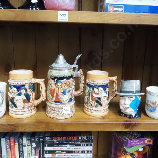 beer steins, QEII cup, bunnykins cup, Winston Churchill toby jug - chip