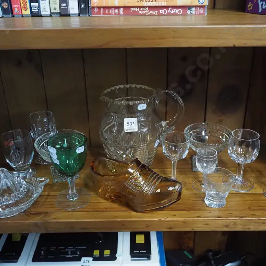 shelf; glassware, lemon squeezer etc
