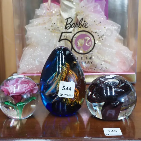 3x studio glass paperweights